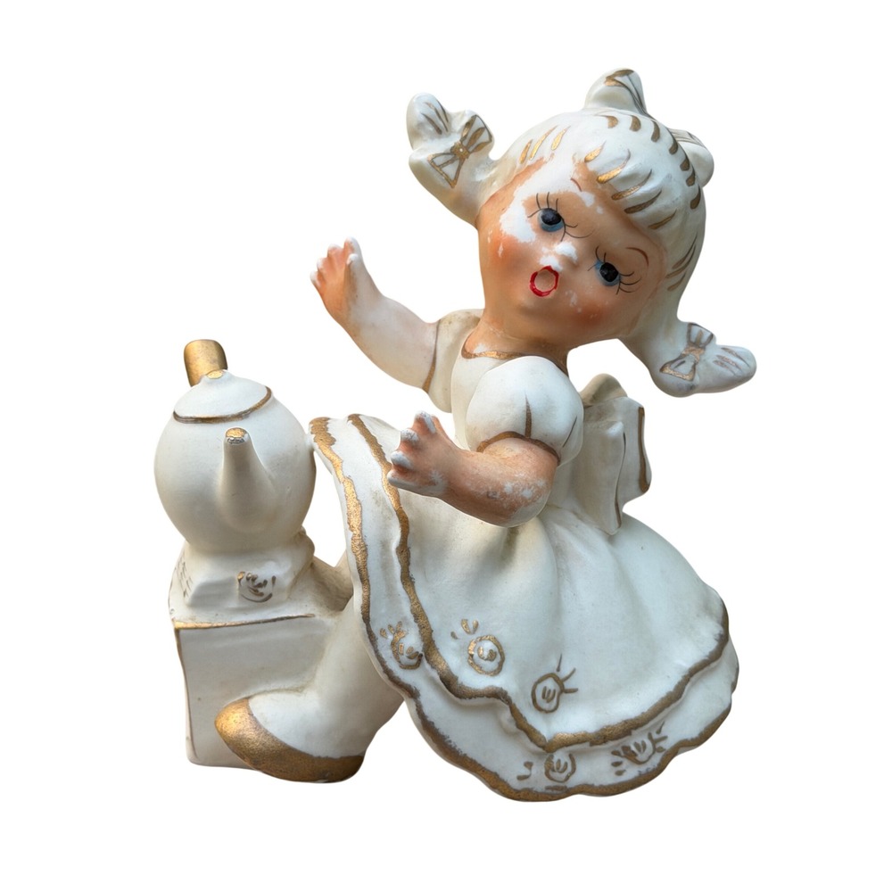 Vintage Girl Teapot Figurine Ceramic 1950s Mid Century White Gold Tea Party Gift